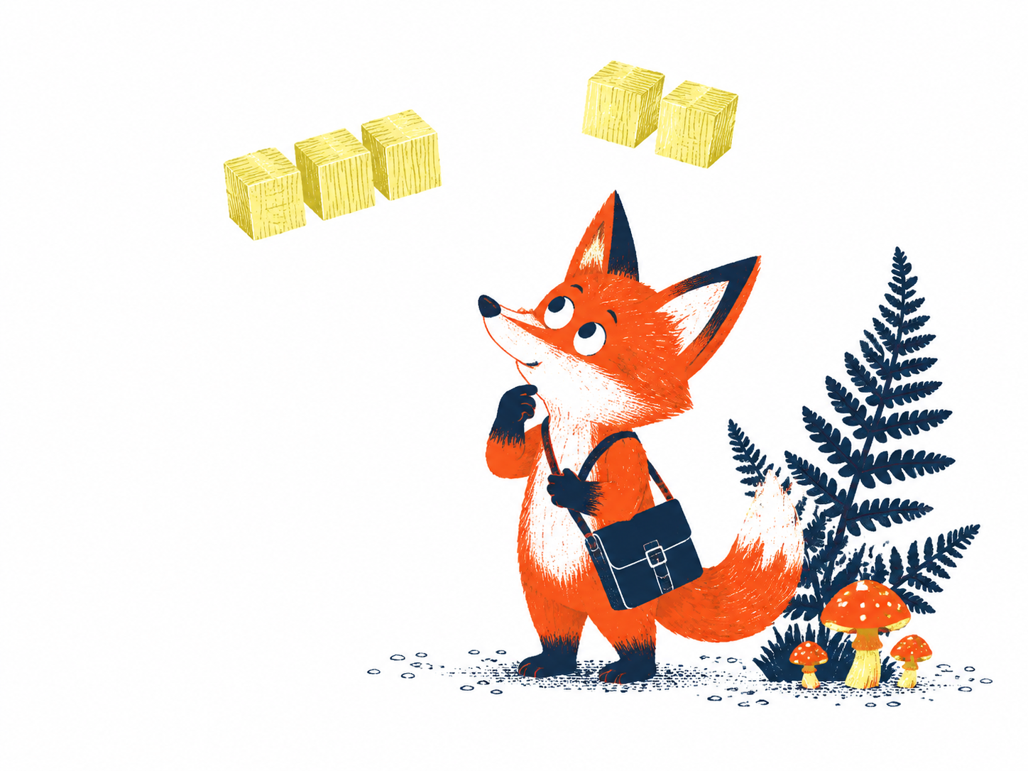 Pip the fox figuring out two groups of wooden counting blocks