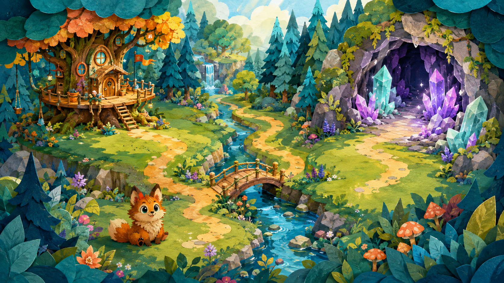 A treehouse to the left, a bridge across the stream, and a crystal cavern to the right